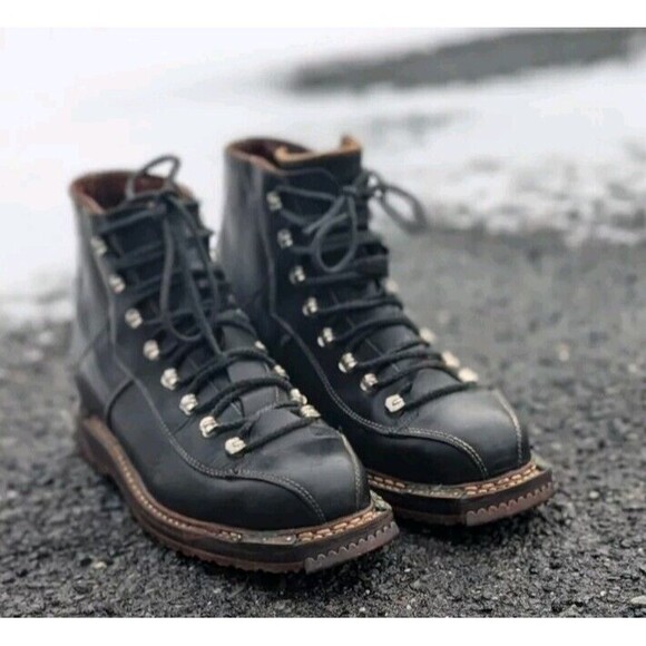Gorpcore‎ Vintage Swiss RAICHLE Black Leather Telemark Hiking Boots 9.5 Outdoors main image 8